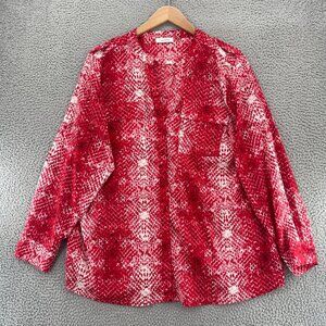 Calvin Klein Blouse Womens XL Red Snake Print Button Long Sleeve Tunic V Neck